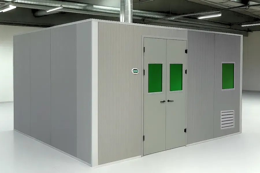 2.44m x 3.41m x 2.70m Cepro Unisonic laser welding booth with double door and vision panel, roof enclosure, and 600 × 600 mm side viewing window.
