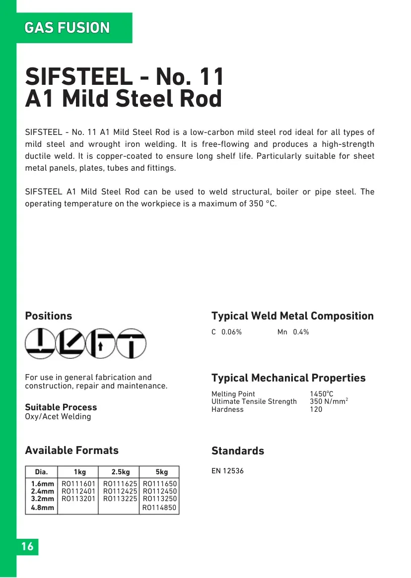 A handbook datasheet page for SIFSTEEL No. 11 A1 mild steel rod, showing welding positions, weld metal composition, mechanical properties, available formats with part numbers, and the EN standard.