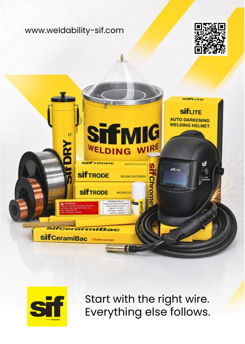 The SIF consumables range — SIFMIG welding wire, SIFTRODE electrodes, SIFDRY quiver, SIFLITE helmet and SIF CeramiBac backing.